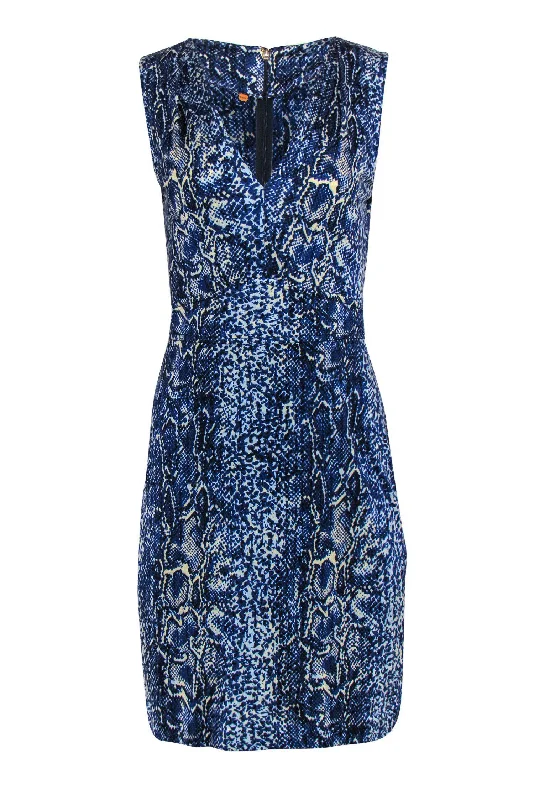 Tory Burch - Blue Snakeskin Print Sleeveless Silk Fit & Flare Dress Sz S Embroidered unclassified dresses