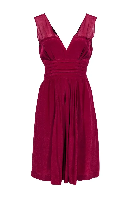 Tracy Reese - Magenta Silk Pleated Mesh Shoulder Dress Sz 8 Club unclassified dresses