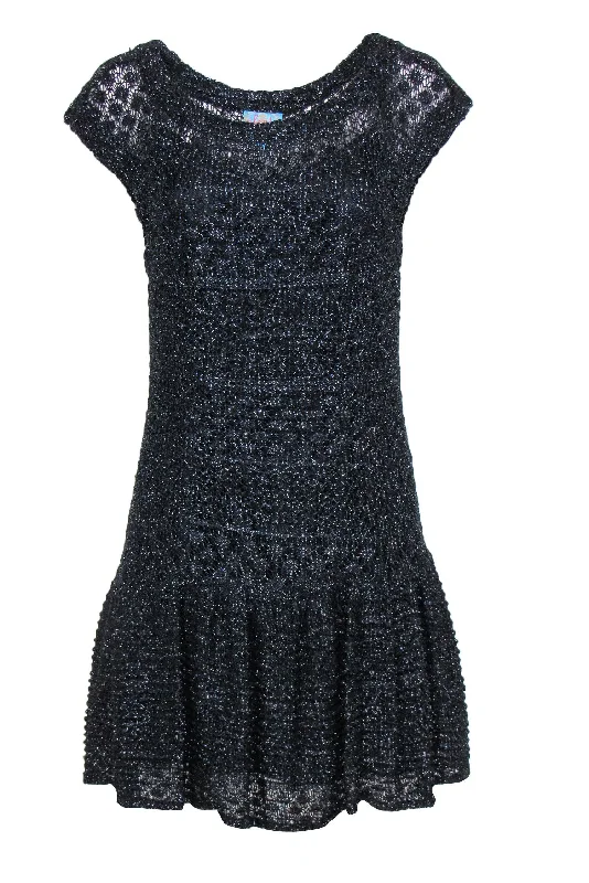 Plenty by Tracy Reese - Black Metallic Knit Drop Waist Dress Sz M One-shoulder unclassified dresses