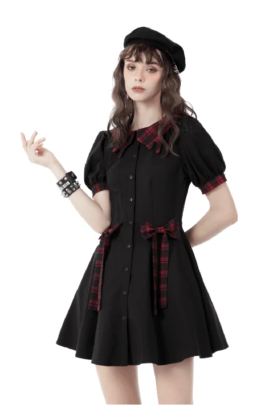 Trendy Black Dress with Plaid Accents and Bow Detail Bold pattern unclassified dresses