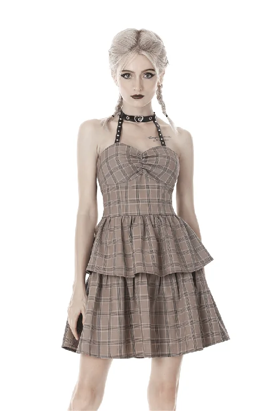 Trendy Plaid Halter Dress with Peplum Detail and Leather Straps Discounted unclassified dresses