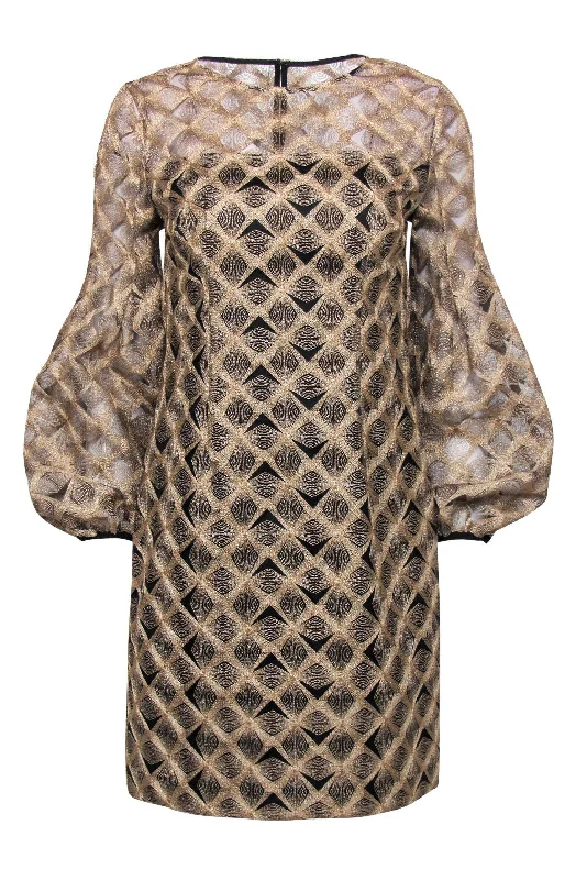 Trina Turk - Golden Embroidered Puffed Sleeve Shift Dress Sz 0 Metallic unclassified dresses