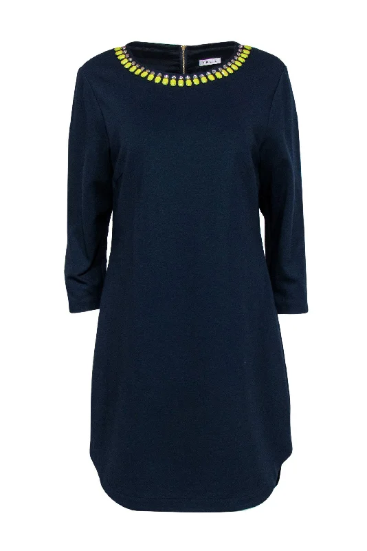 Trina Turk - Navy Shift Dress w/ Yellow Gem Neckline Sz 12 Winter unclassified dresses