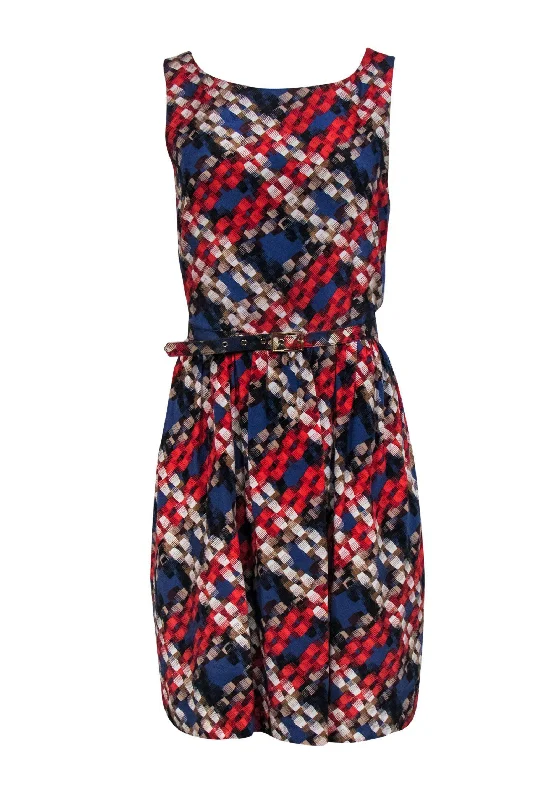 Trina Turk - Blue, Red, & Brown Printed Dress w/ Belt Sz 4 Long sleeve unclassified dresses