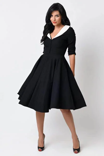 Unique Vintage 1950s Black & White Sleeved Eva Marie Swing Dress Flowy unclassified dresses