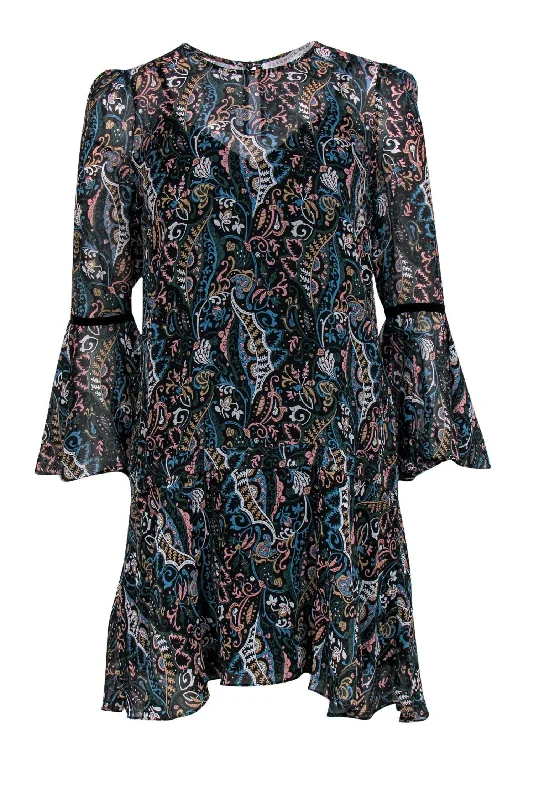 Veronica Beard - Dark Green & Multicolored Paisley Print Bell Sleeve Silk Drop Waist Dress Sz 4 Plus size unclassified dresses