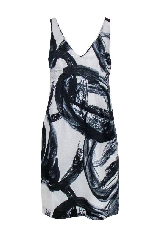 Vince - Black & White Brushstroke V-Neck Dress Sz 10 Cotton unclassified dresses