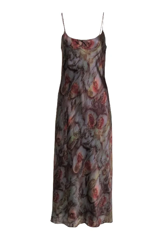 Vince - Grey, Olive & Rust Watercolor Print Sleeveless Silk Slip Dress Sz L Travel unclassified dresses