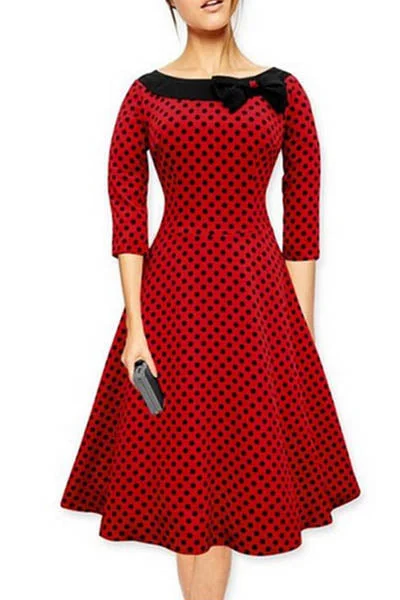 Vintage Slash Neck Bowknot Polka Dot Skater-dress Pastel unclassified dresses