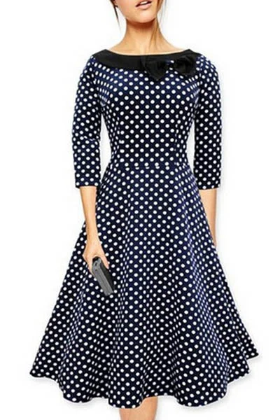 Vintage Slash Neck Bowknot Polka Dot Skater-dress Metallic unclassified dresses