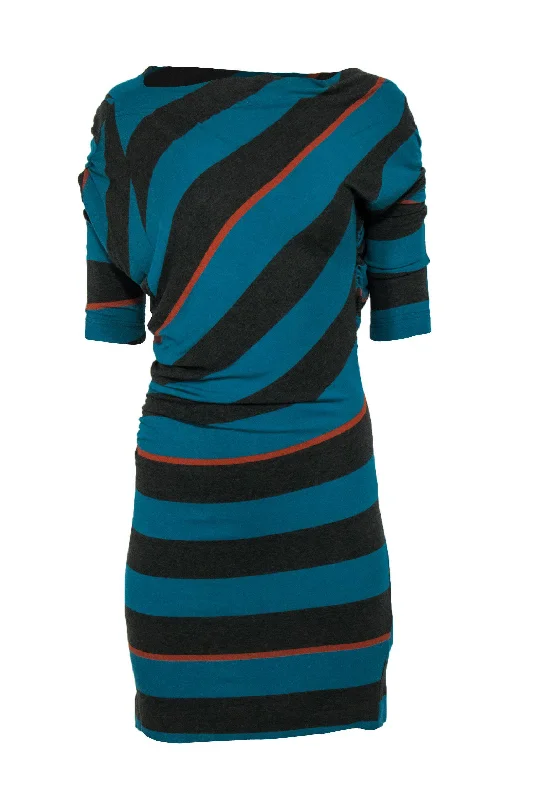 Vivienne Westwood - Teal & Gray Striped Ruched Dress Sz L Discounted unclassified dresses