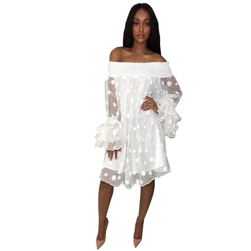 Wave Jacquard Pineapple Sleeve Loose Dress #White #Slash Neck Date night unclassified dresses