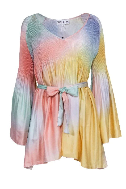 Wildfox - Pastel Watercolor Print Bell Sleeve Shift Dress w/ Belt Sz S Cotton unclassified dresses