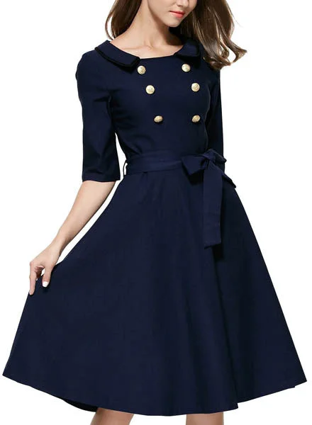 Women Double Breasted Lapel Collar Belted A Line Dress Wedding guest unclassified dresses