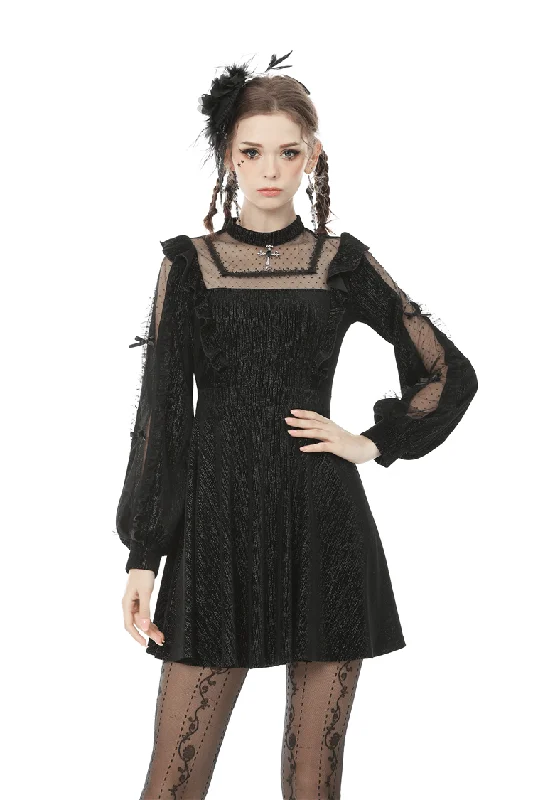 Women's Sheer Sleeves Vintage Square Collar Black Dress Petite unclassified dresses