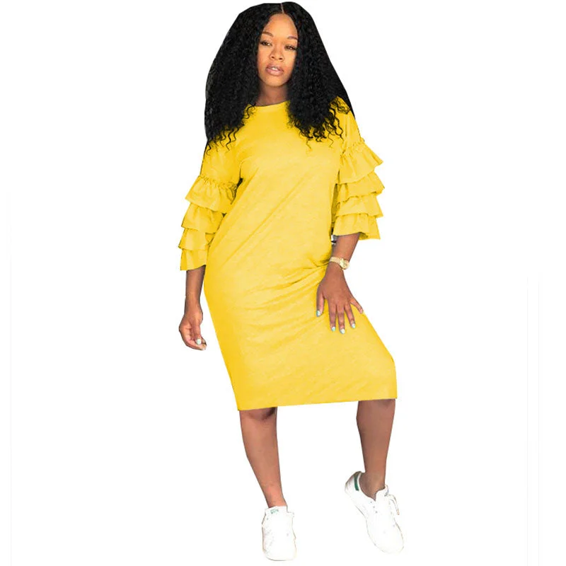 Yellow RuffleaDress #Yellow #Ruffle #Round Neck Earthy tone unclassified dresses