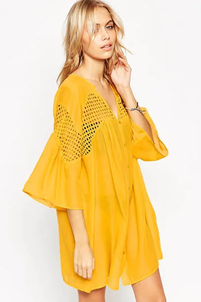 Yellow V Neck Crochet Hollow-out Button Front Smock Dress Boho unclassified dresses