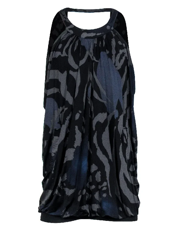 Yigal Azrouel - Black, Grey & Navy Abstract Print Sleeveless Shift Dress Sz XS One-shoulder unclassified dresses