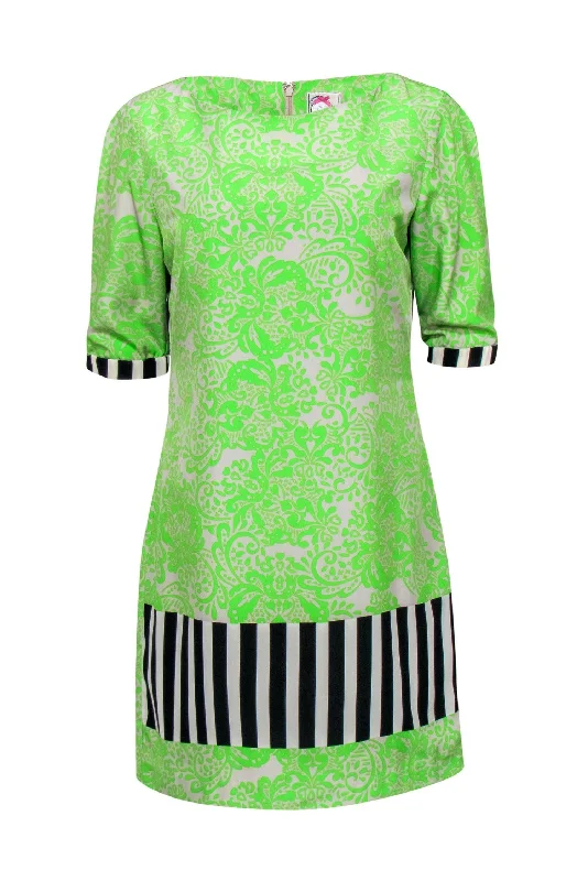 Yoana Baraschi - Neon Green & Grey Bohemian Print Shift Dress w/ Striped Trim Sz 8 Satin unclassified dresses