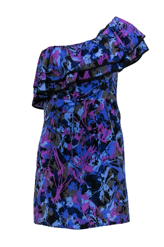 Yumi Kim - Black & Purple One Shoulder Dress w/ Flounce Hem Sz XS Metallic unclassified dresses