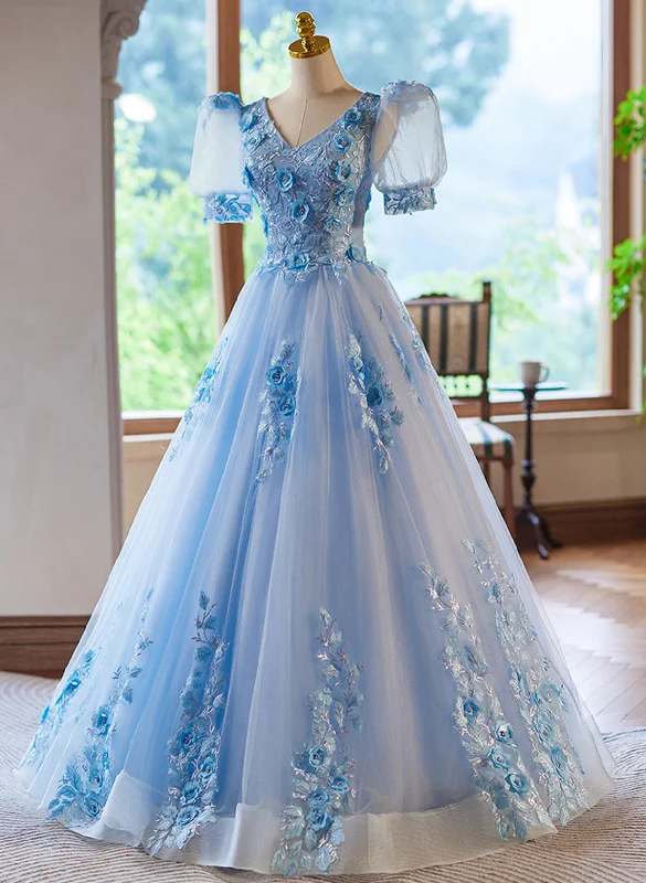 A-Line Light Blue Tulle With Lace Short Sleeves Prom Dress, Tulle Sweet 16 Dress Ripped Mini Denim Skirt