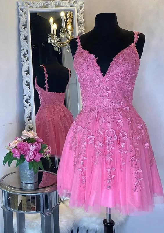 A-line V Neck Sleeveless Short/Mini Tulle Corset Homecoming Dress with Appliqued Beading outfit Lace Mini Skirt