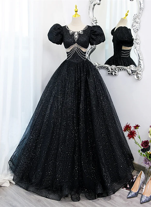 Black Tulle Beaded Short Sleeves Prom Dress, Black Tulle Formal Dress Cute Mini Skirt