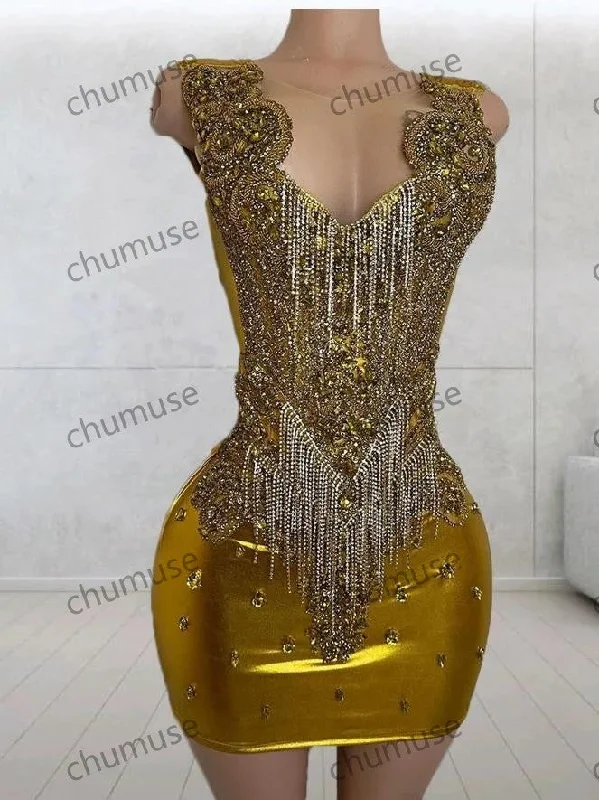 Charming Gold Mermaid Prom Dresses Sparkly Diamond Crystal African Black Girl Short Prom Dress Mini Skirt Trendy