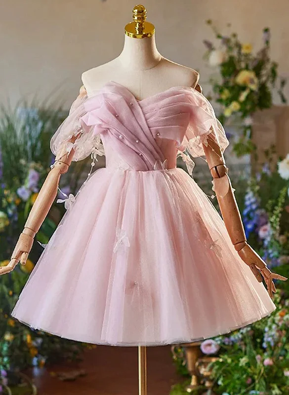 Cute Light Pink Off Shoulder Tulle Homecoming Dress, Pink Short Prom Dress Black Mini Skirt