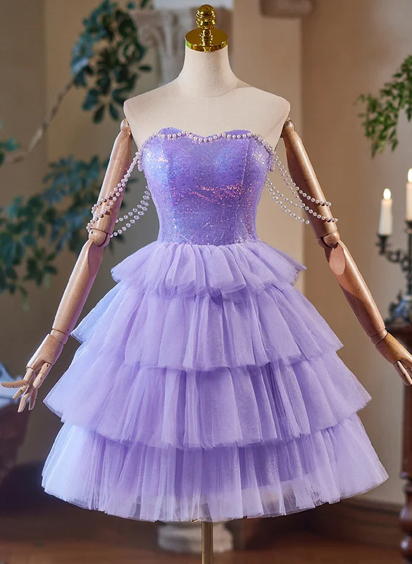 Lavender Cute Sweetheart Homecoming Dress, Lavender Short Prom Dress Fringed Mini Skirt