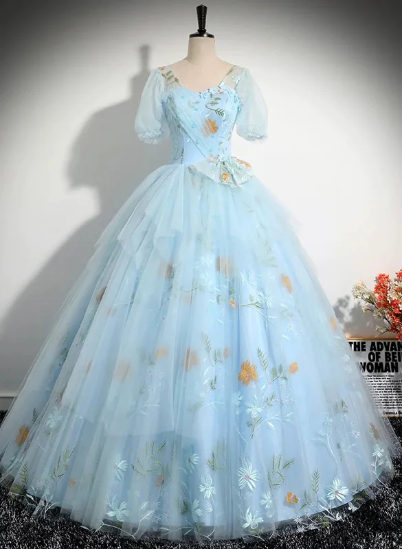 Light Blue Tulle Floor Length Prom Dress, Beautiful Short Sleeves Sweet 16 Dress Flirty Mini Skirt