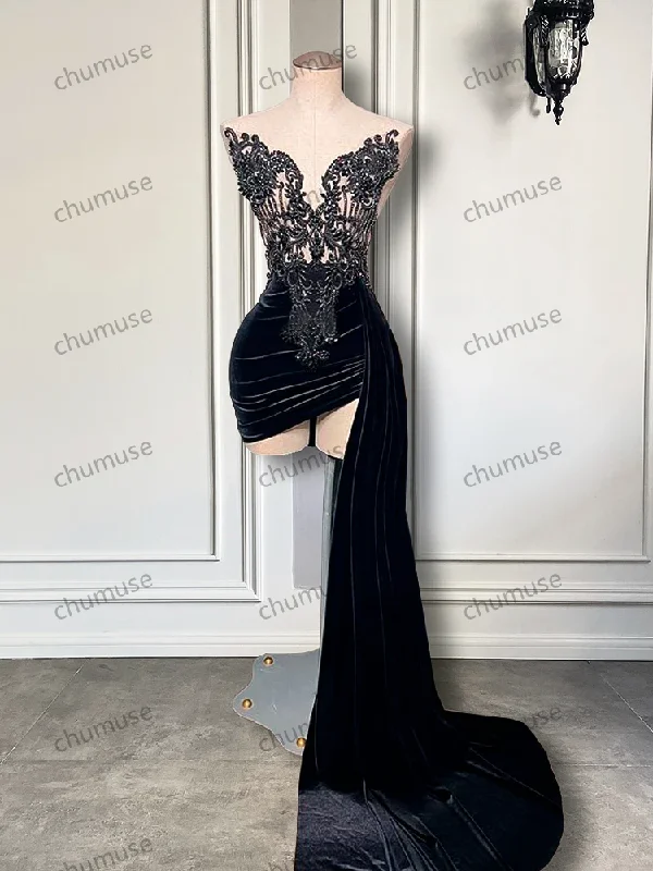 New Arrival Beaded Embroidery Women Homecoming Gowns Black Velvet Short Prom Dresses Soft Denim Skirt