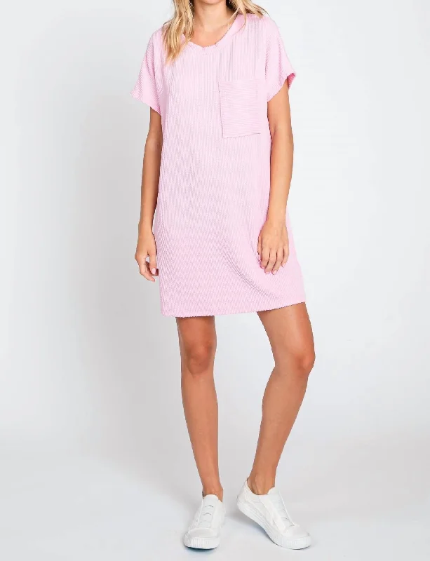 Ribbed Short Sleeve Dress In Pink Stylish Mini Skirt