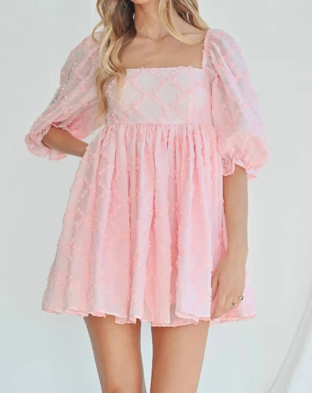 Ribbon Textured Puff Sleeve Babydoll Mini Dress In Baby Pink Raw Hem Mini Skirt