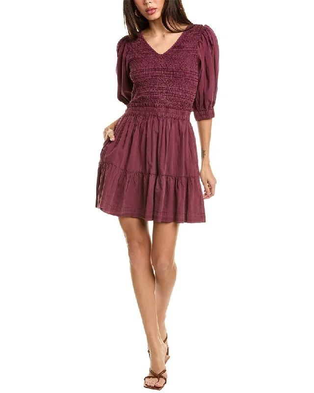 SEA NY Simona Puff Sleeve Smocked Mini Dress Mini Skirt with Belt