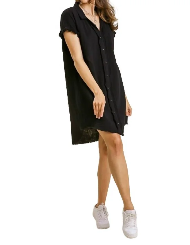 Short Sleeve Gauze Shirt Dress In Black High-waist Denim Skirt