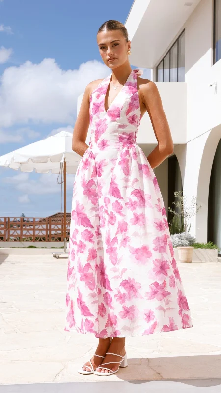 Bryony Halter Neck Maxi Dress - Pink Floral Maxi Skirt Trend