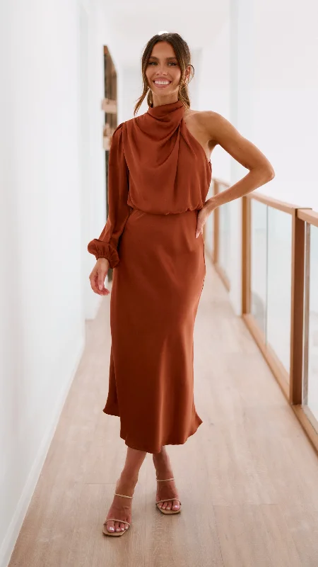 Esther One Shoulder Long Sleeve Dress - Copper Maxi Skirt Fashion