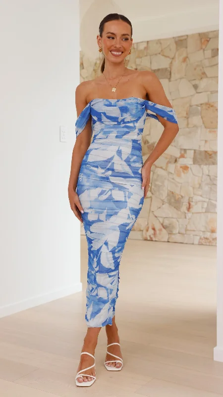 Kylie Maxi Dress - Blue Floral Skirt with Slits