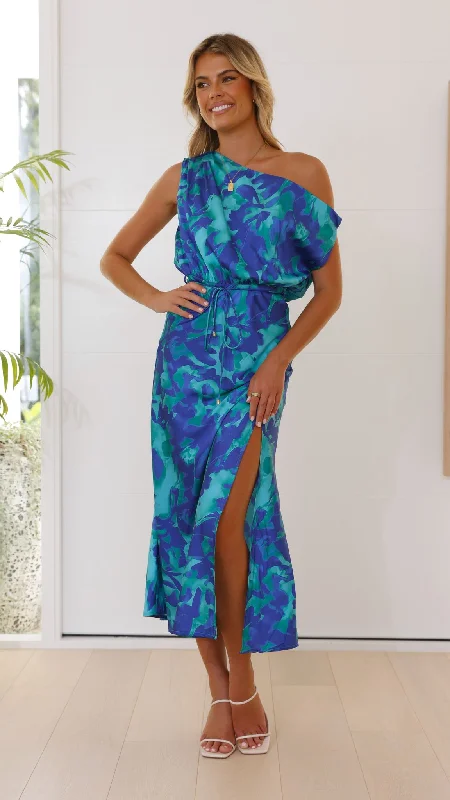 Zabby Maxi Dress - Green / Blue Print Long Floral Skirt