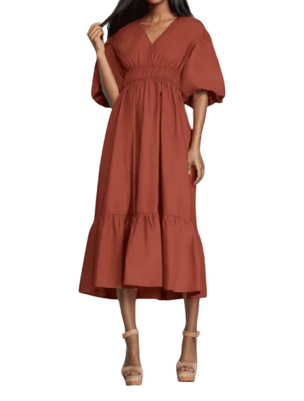 Aimee Bubble Sleeve Midi Dress In Cognac Slim Midi Skirt