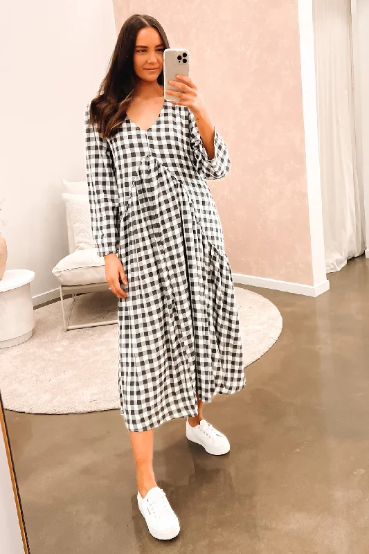 Alexander Midi Dress Black White Check Lace Trim Midi