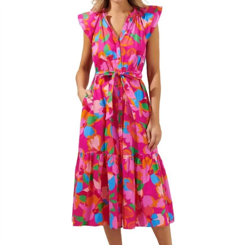 Daphne Button Midi Dress In Fuschia Multi Everyday Midi Skirt