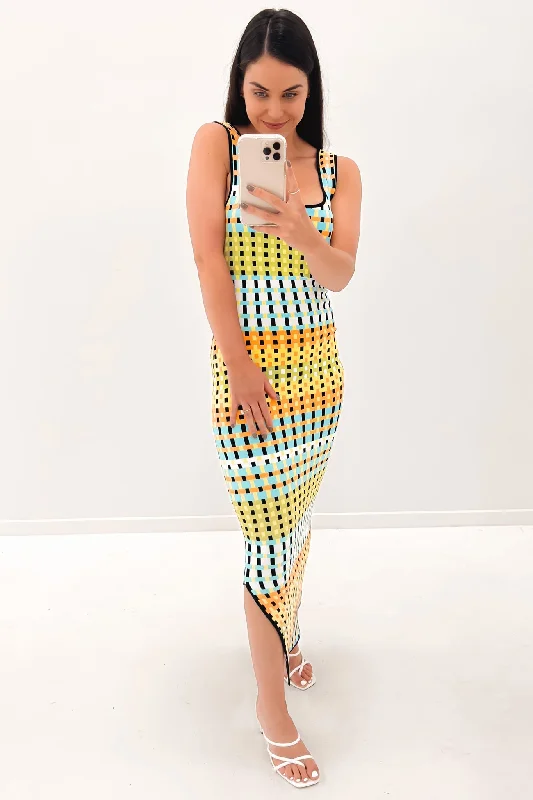 Eve Grid Scoop Back Midi Dress Green Multi Bright Midi Skirt