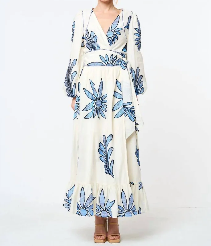 Fawn Embroidered Midi Dress In Blue Wrap Midi Skirt