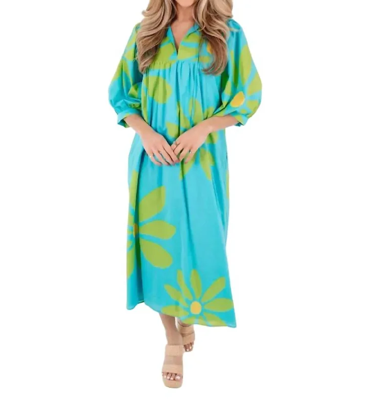 Indi Puff Sleeve Midi Dress In Aqua Multi Button-down Midi Skirt