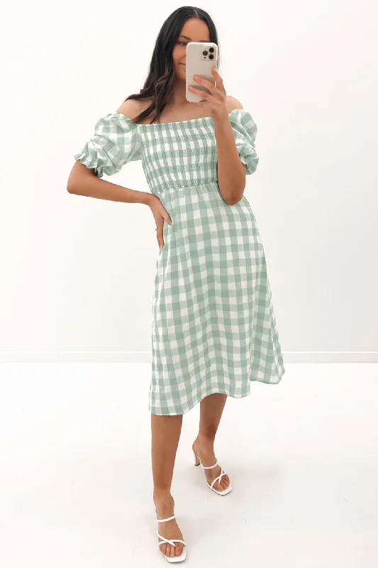 Laylin Midi Dress Sage Check Boho Midi Skirt