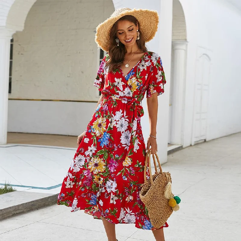 Retro Floral Tie Waist Midi Dress Floral A-line Skirt