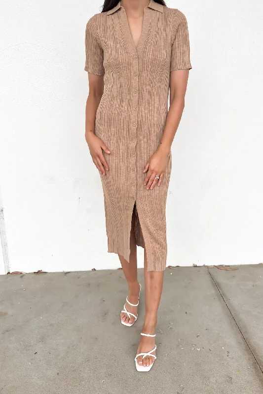 Shylie Ribbed Midi Dress Beige Casual Midi Outfit