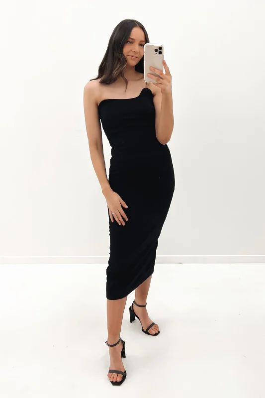 Strapless Wave Midi Dress Black Ruffled Skirt Midi